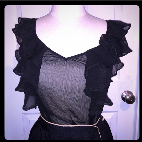 Unknown Tops - {???} Sheer Black Cap-Sleeve Ruffle Front Blouse